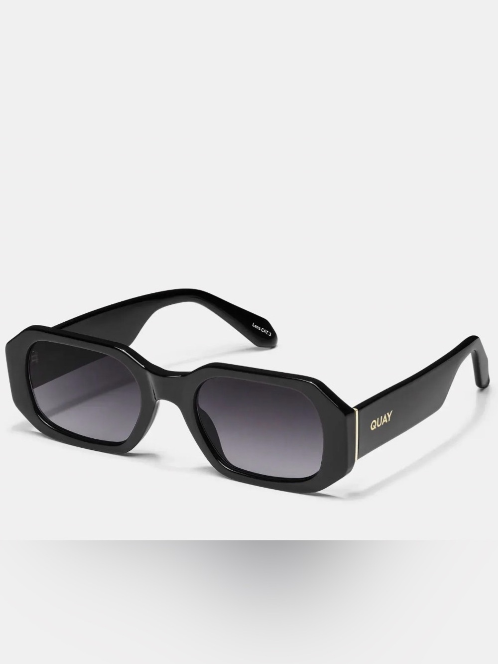 Quay Australia Black Rectangular Fashion Sunglasses with Gold Logo NWOT.